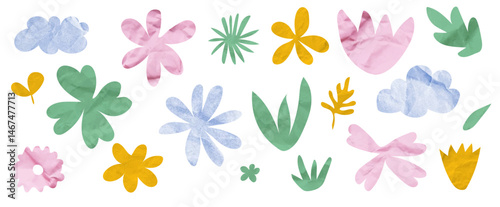 collection of abstract paper-cut style elements, various stylized flowers, leaves, clouds, and grass.  The elements hand-cut,  elements for children's projects, greeting cards, packaging or scrapbooki