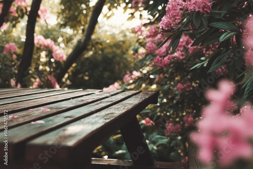Wooden picnic table in garden photo
