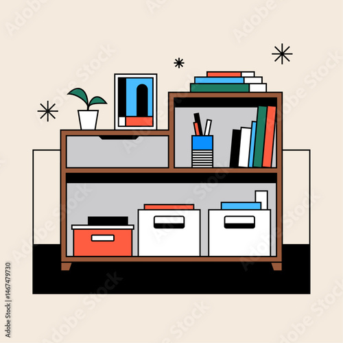 Modern Cabinet Furniture Illustration with Books and Plants