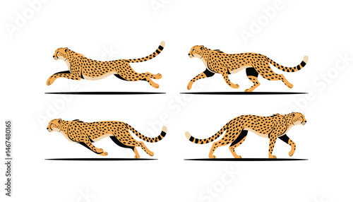 Leaping cheetah set vector illustration on white background