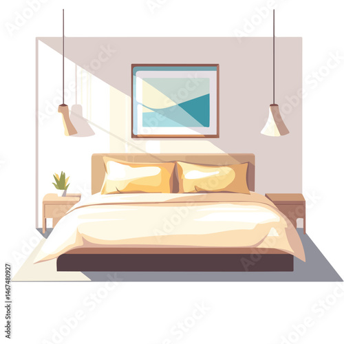 Flat vector Bedroom With Soft Lighting, minimalist design, isolated on a white background.