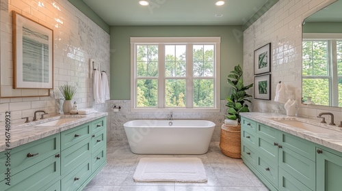 Clean and stylish bathroom with soft mint green tones, marble counters, and upscale design elements