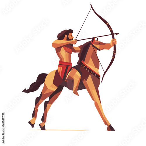 Flat vector Centaur Archer, minimalist design, isolated on a white background.