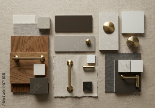 Interior design palette showcasing neutral tones with textures and metallic accents