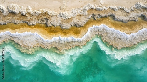 Aerial view of Dead Sea salt formations, turquoise water, textured shoreline