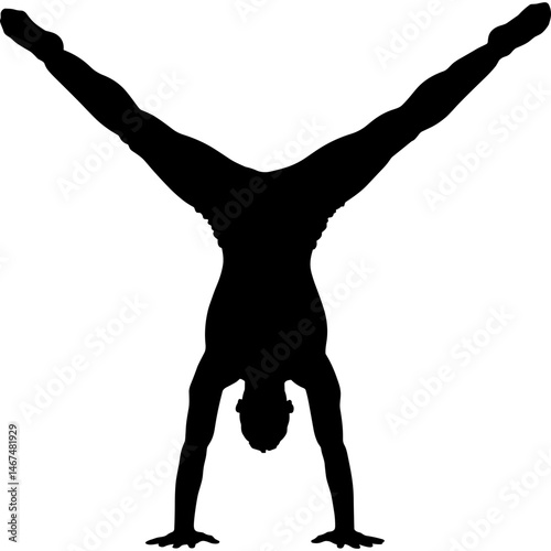 Person doing handstand fitness exercise silhouette pose with legs apart as gymnastics fitness training and balance