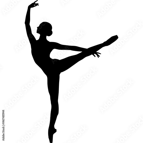 Silhouette of ballet dancer performing dance pose with leg raised in silhouette style dance silhouette