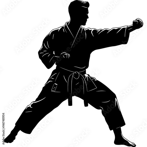 Karate Practitioner in Gi Performing Punch Silhouette. Karate practitioner demonstrates martial arts stance and punch technique in silhouette style showcasing discipline and focus