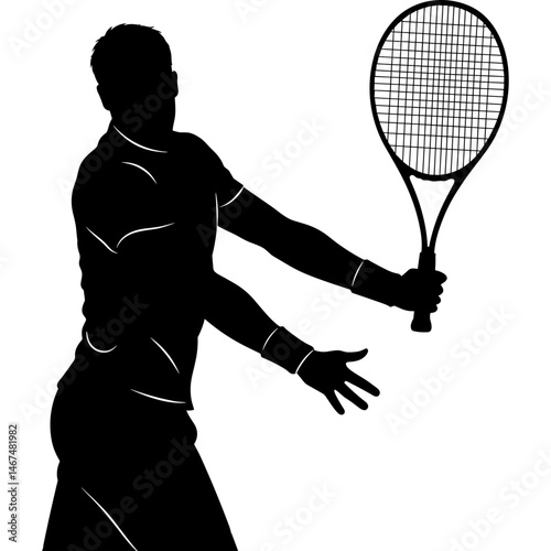 Tennis player silhouette with racket in action pose playing tennis sport. Silhouette of tennis player with racket ready to hit the ball