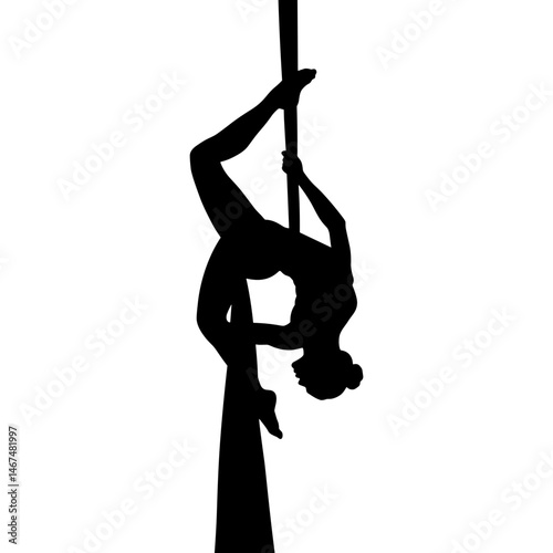 Dancer performs acrobatics on aerial silks dance. Silhouette of female acrobat performing aerial silks dance