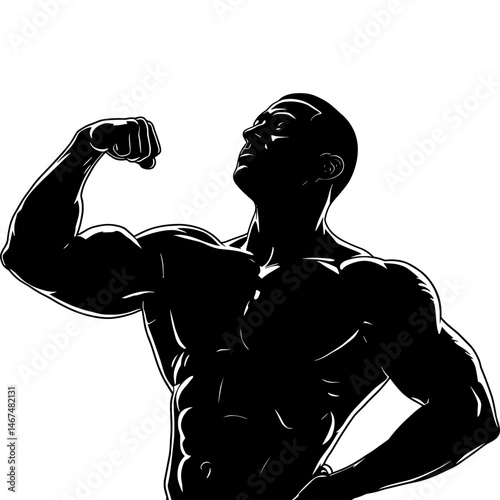Muscle man bodybuilding fitness silhouette posing showing biceps and abs in black and white style vector illustration