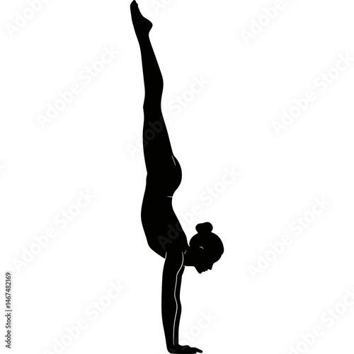 Person doing handstand gymnastics pose silhouette vector. Silhouette of woman performing handstand exercise in black and white style