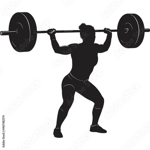 Weightlifter Silhouette Weight Lifting Fitness Exercise. Silhouette of female weightlifter performing a weight lifting exercise with barbell. Fitness exercise for strength and conditioning