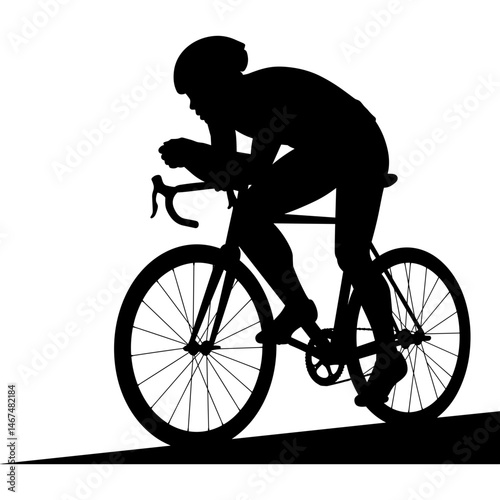 Silhouette of bicyclist on bike cycling in black and white style. Cyclist riding bicycle silhouette on road
