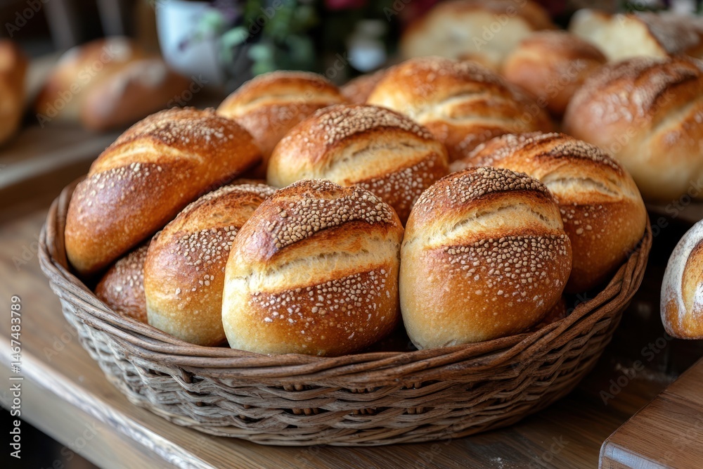 Assorted bread rolls in a rustic basket on a wooden surface Assorted bread rolls in a rustic basket on a wooden surface