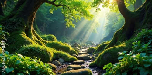 Ancient mossy boulders, vibrant green foliage, sunlight filtering through dense leaves, background, shadow, nature