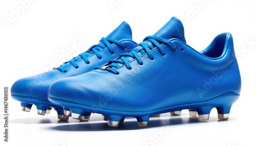 Blue football cleats with tall spikes, isolated on white ,  football,  sports equipment,  rugby