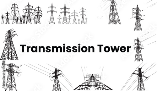 Transmission tower illustrations showcasing diverse structural designs and configurations