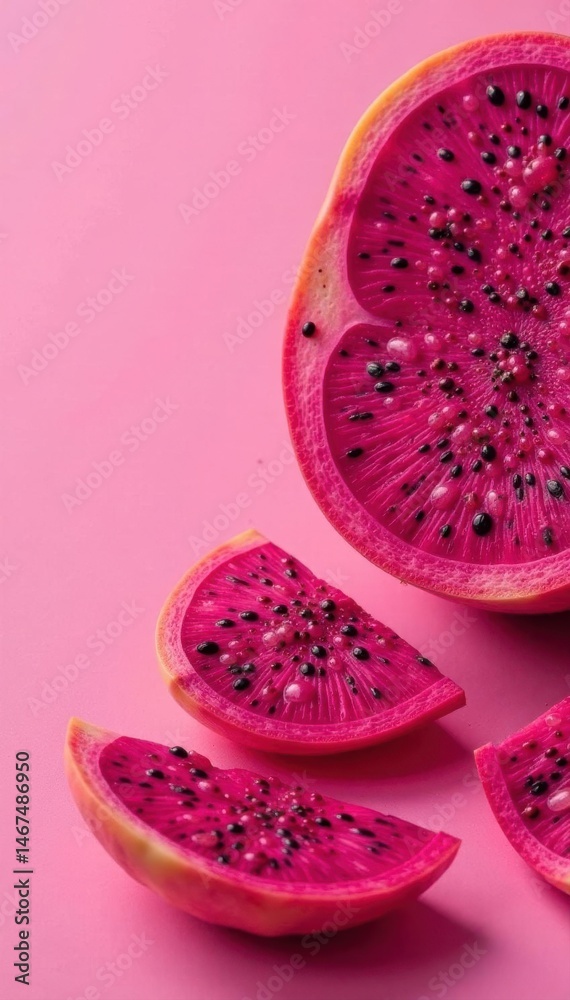 Fototapeta premium Bright pink pitaya slices arranged artistically on pink backdrop, colorful, macro