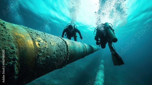 Divers Inspecting Underwater Pipeline photo