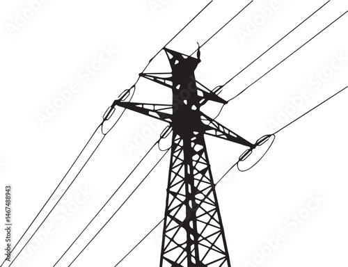 High-voltage transmission tower silhouette with lattice framework supporting power lines