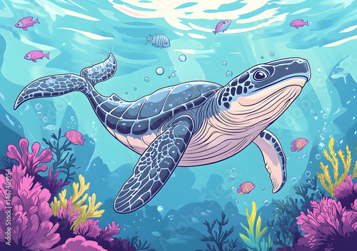 Obraz na płótnie Playful underwater scene with turtle, whale, and fish beneath ocean surface in a fun sea life coloring book line art illustration w salonie