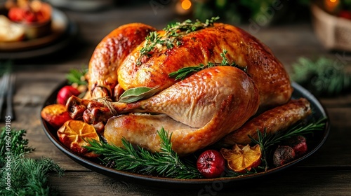 Roasted turkey centerpiece garnished with herbs and fruits (1)