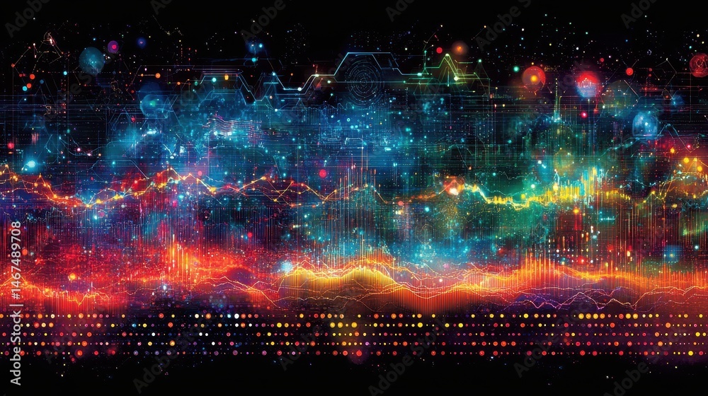 Obraz premium Nebula horizon digital creation vibrant galaxy nightscape with celestial color bursts and cosmic light particles in dark vastness