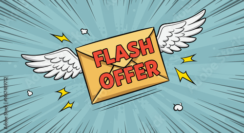 Flying email envelope with wings and "Flash Offer" in comic style, dotted light blue background with motion elements
