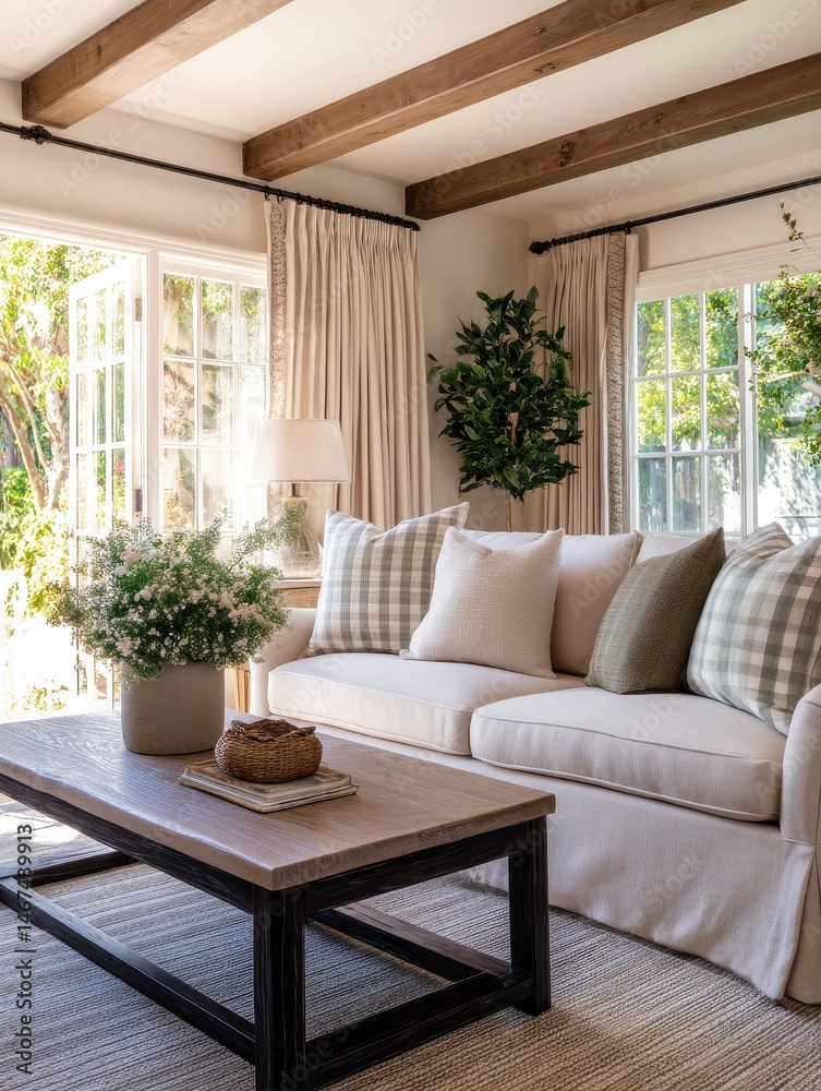 Fototapeta premium Cozy living room with a white sofa and decorative pillows, sunlight streaming through windows