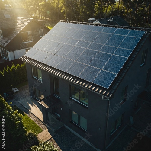 Eco House Solar Panels Under Blue Sky – Renewable Energy at Work
