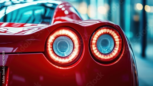 Close-up of a sleek red sports car's taillights in urban setting