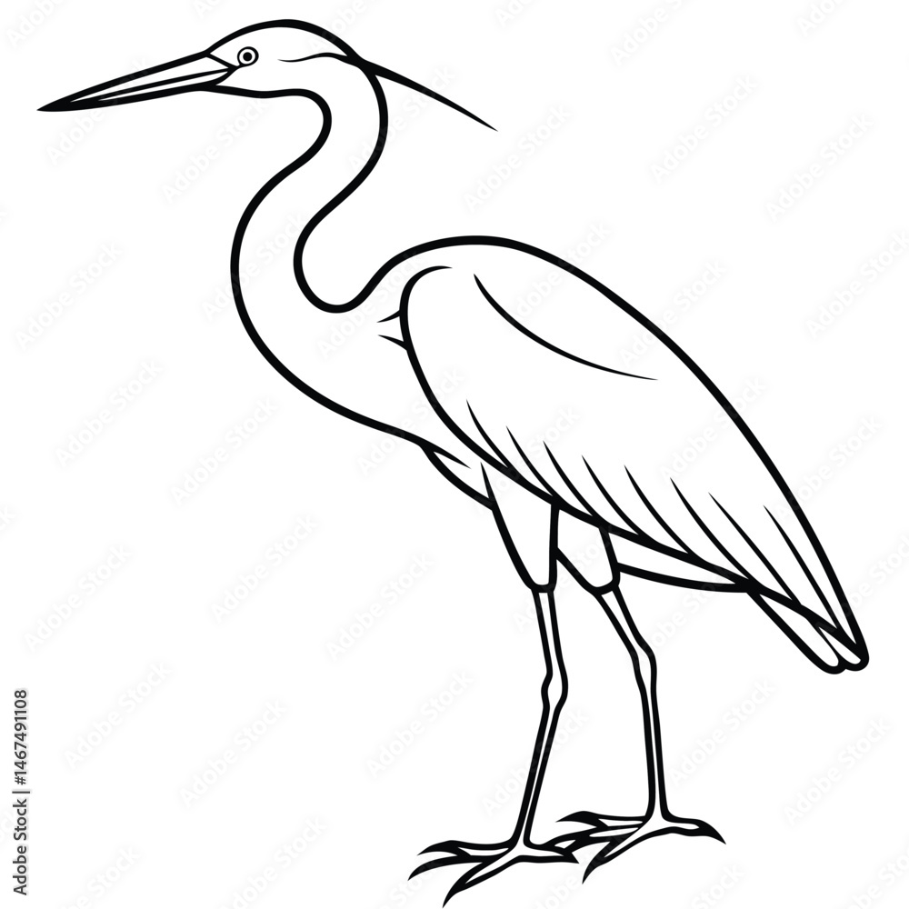 Fototapeta premium Elegant Heron Line Art Illustration Isolated White Background