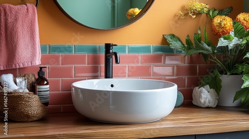Soft pastel bathroom with an elegant ceramic sink framed by colorful tiles and cozy decor, inviting daily self-care rituals