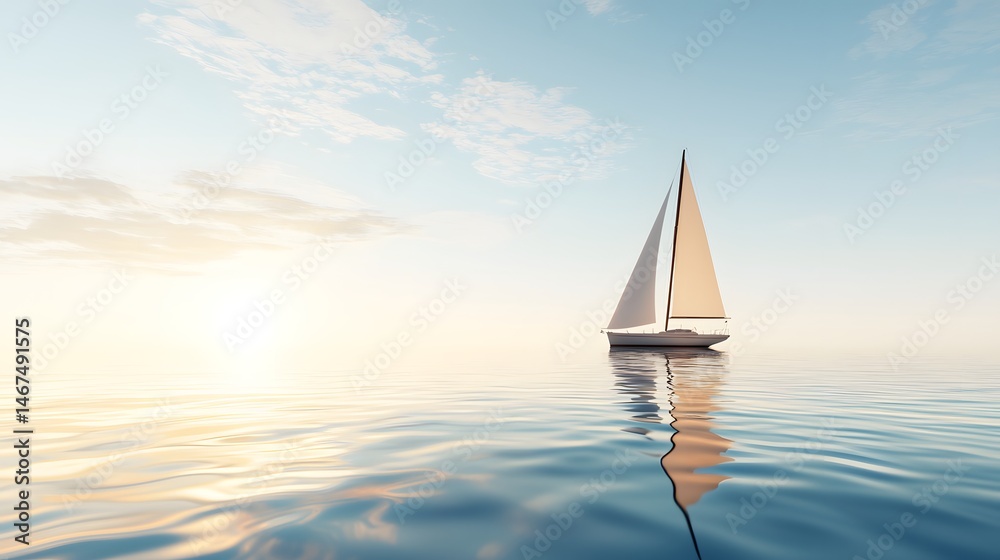 Fototapeta premium Sailboat on Calm Sea at Sunset with Soft Clouds and Golden Light