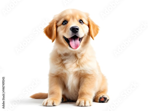 Golden retriever puppy smiling on white background