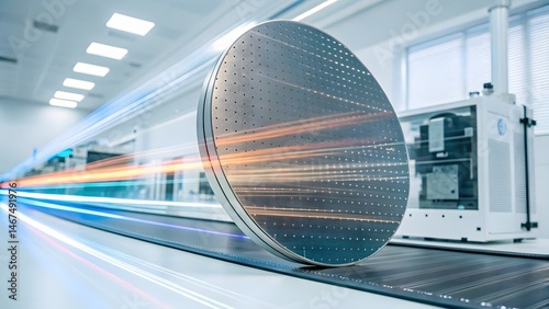High-tech wafer moves along a conveyor belt, showcasing advanced semiconductor manufacturing processes in a cleanroom environment. Light trails illuminate its path.