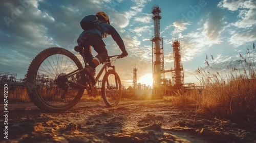 Biker riding through industrial landscape at sunset