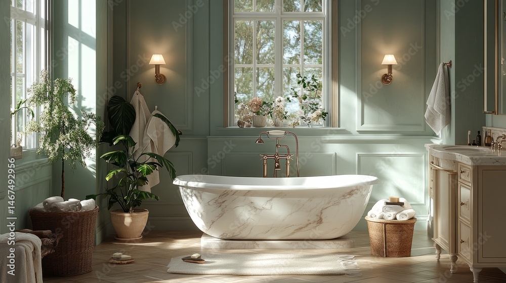 Fototapeta premium Upscale bathroom featuring soft pastel decor, elegant marble finishes, and contemporary lighting