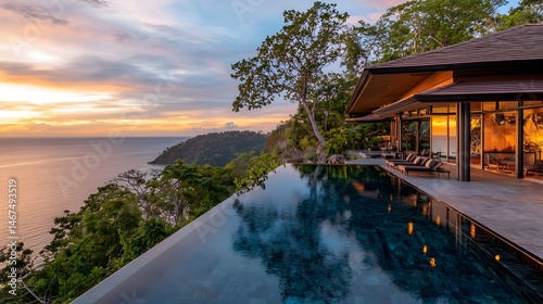 Serene Luxury Villa Overlooking Ocean at Sunset with Infinity Pool and Palm Trees
