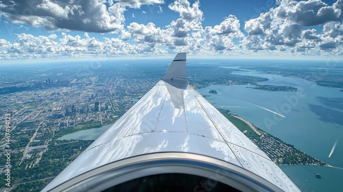 Wallpaper Mural Airplane Window View Showing Wing City Below and Scattered Clouds Across a Peaceful Blue Sky Torontodigital.ca