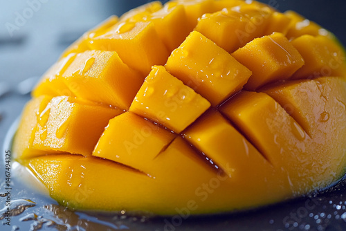Close-up of a sliced mango with drips of juice highlighting its ripeness and rich color photo