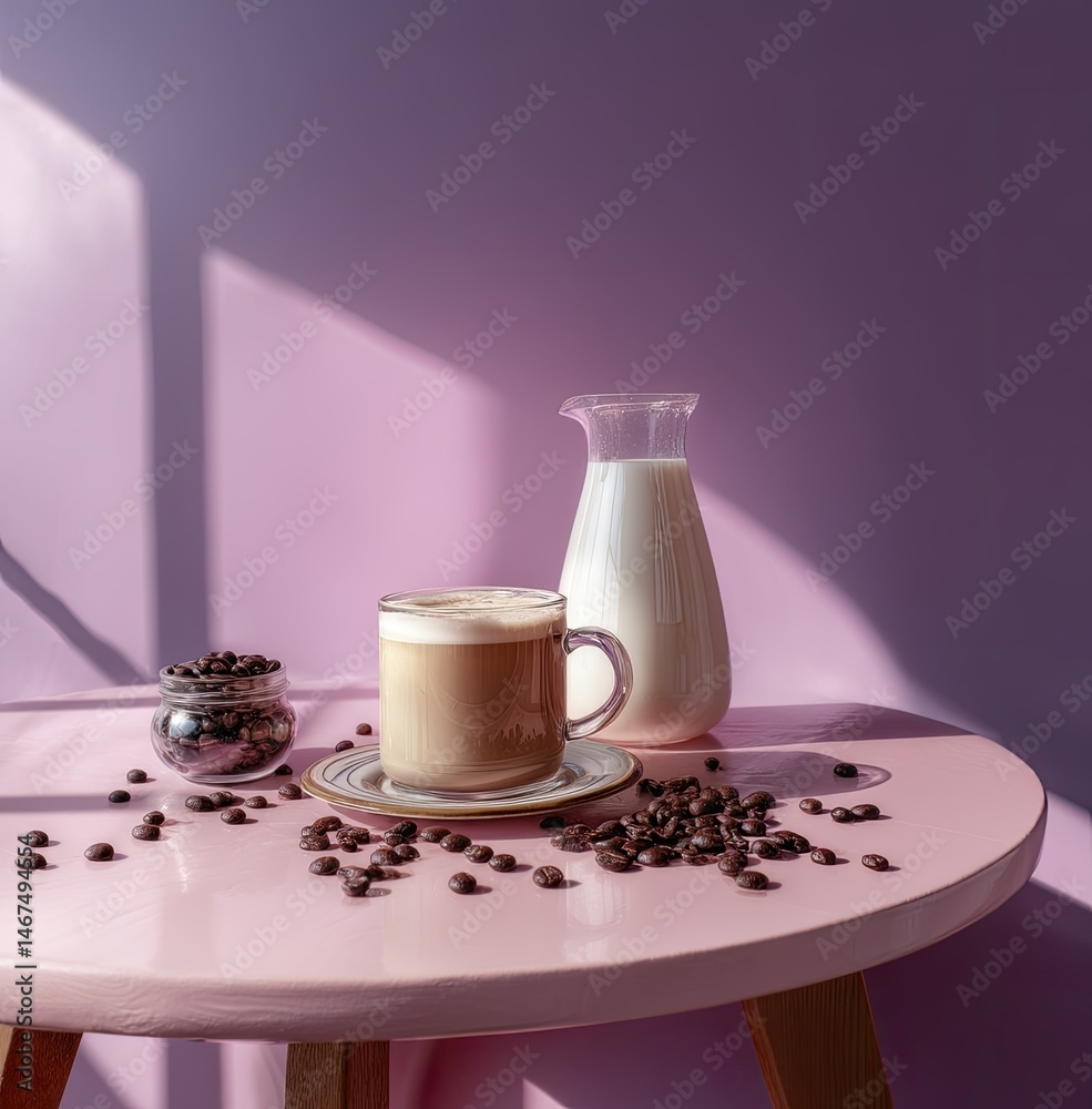 Coffee and milk arrangement on pink table cozy indoor setting still life photography aesthetic viewpoint