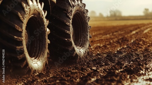 Agricultural tractor tires plowing muddy field at sunset