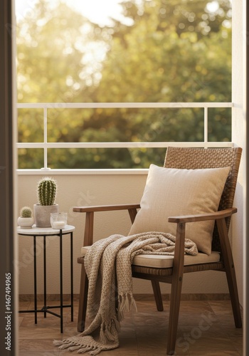 Serene balcony ambiance with natural light  comfortable chair and cactus decor