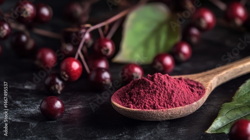 Guarana powder, a natural biostimulant, is typically shown in a wooden spoon on a black slate background, illustrating its application in alternative medicine, homeopathy, and the realm of