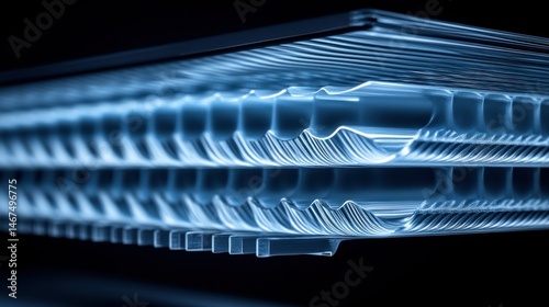 Complex layered cooling system.  Detailed internal structure of a multi-layered cooling module, featuring intricate channels and ridges