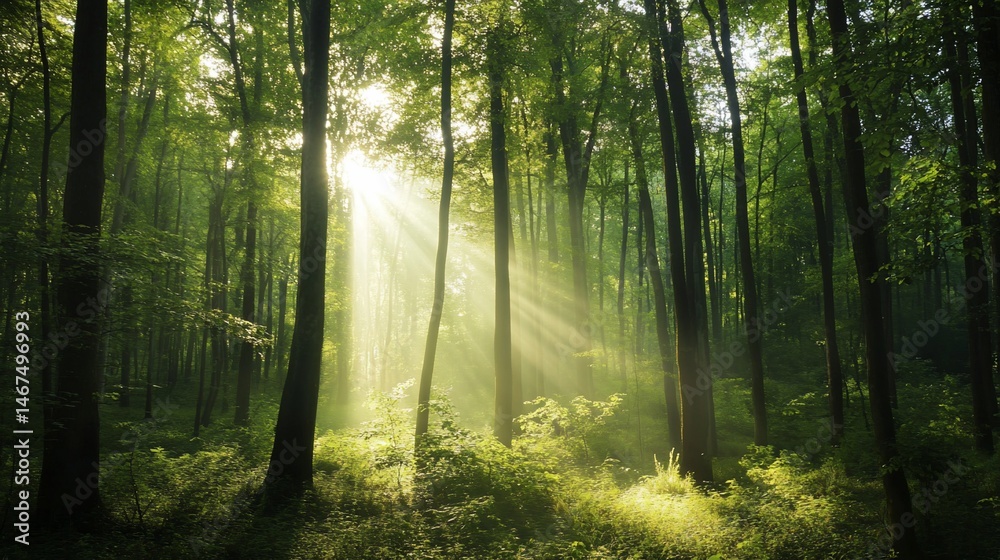 Obraz premium Sunlight Filters Through Tall Trees in a Verdant Forest Scene at Dawn