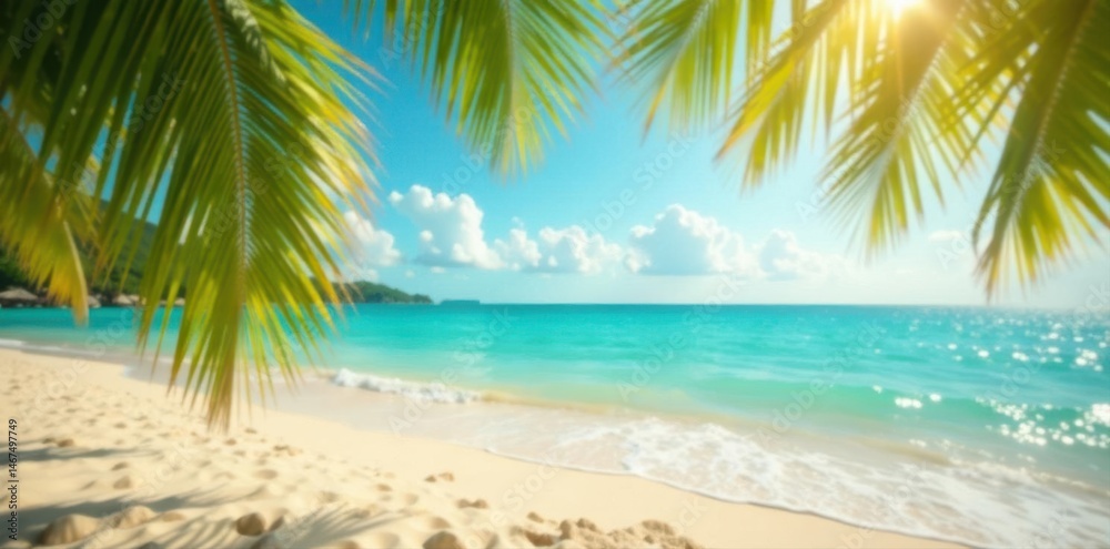 Fototapeta premium Sun-drenched beach, blurred palm leaves, golden sand, turquoise water , sand, background, getaway