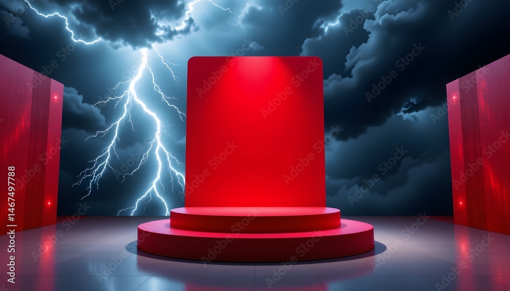 Obraz premium an empty, crimson lacquered podium mockup, flanking a blank cosmetic advertisement stand, looms under a stormy, hyperreal flash of lightning, positioned ethereally in the upper frame